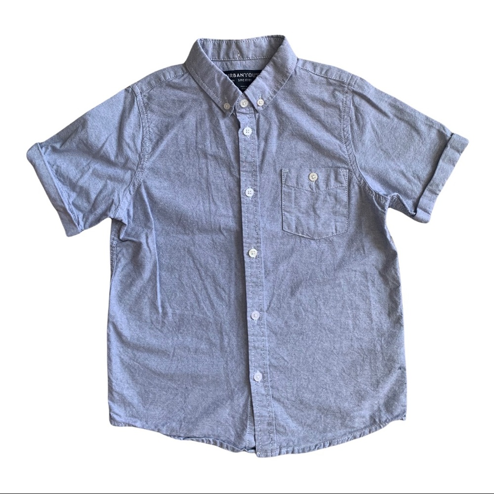 5/$25 Urban Youth Collared Short Sleeve Button Down Shirt Gray Blue Boys 7-8